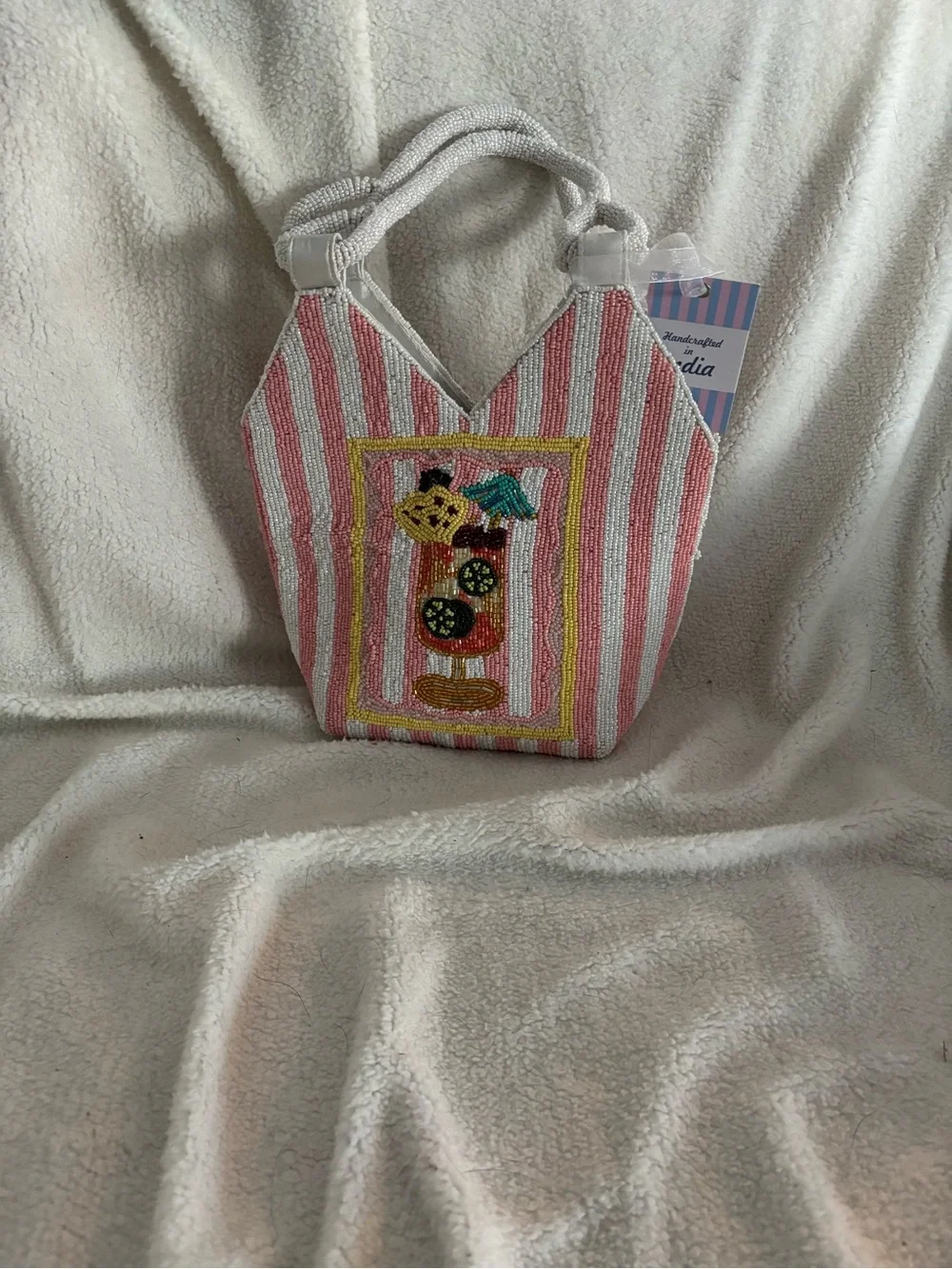 Beaded Pink & White Striped Summer Tote Drink!